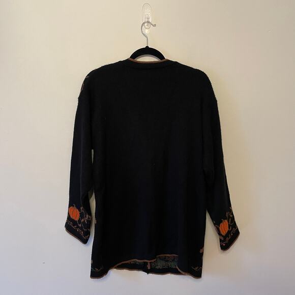 90s Vintage XL long sleeve fall cardigan pumpkins knit button up cozy black - Picture 6 of 8